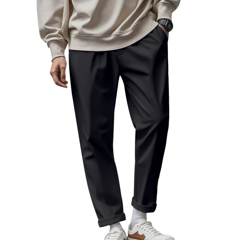 Men's casual trousers with pockets, drawstring waist, dark black