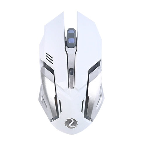 Wireless gaming mouse, white rear view with dark accents and central scroll strip