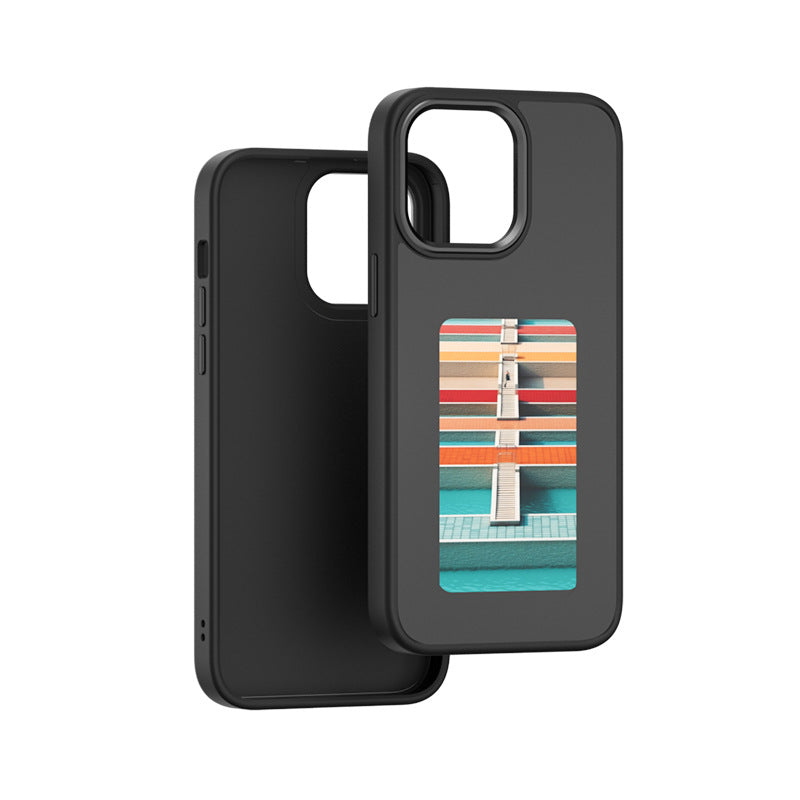Phone case display screen with city-style window graphic, shown in black.