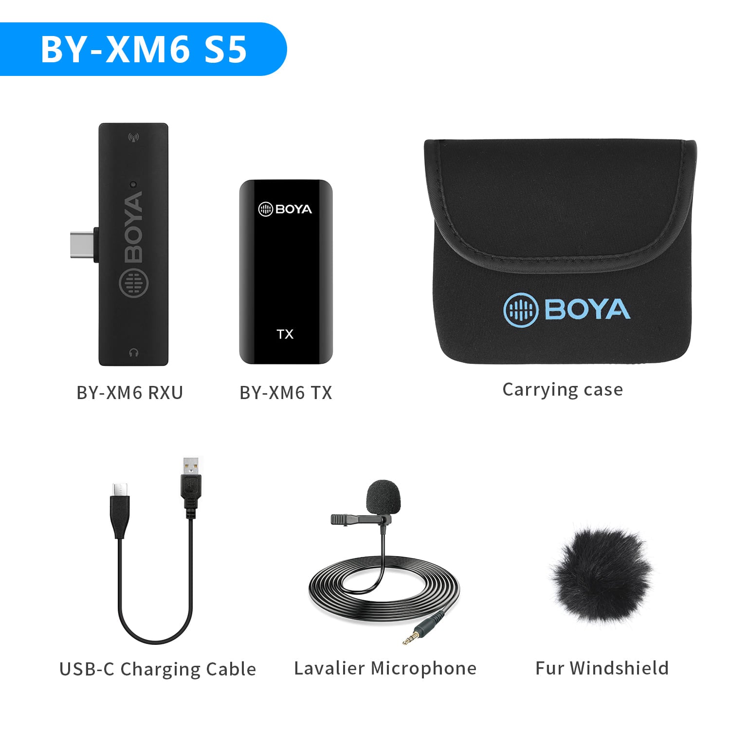 Black wireless microphone system kit with carrying case, lavalier mic, and foam windscreen