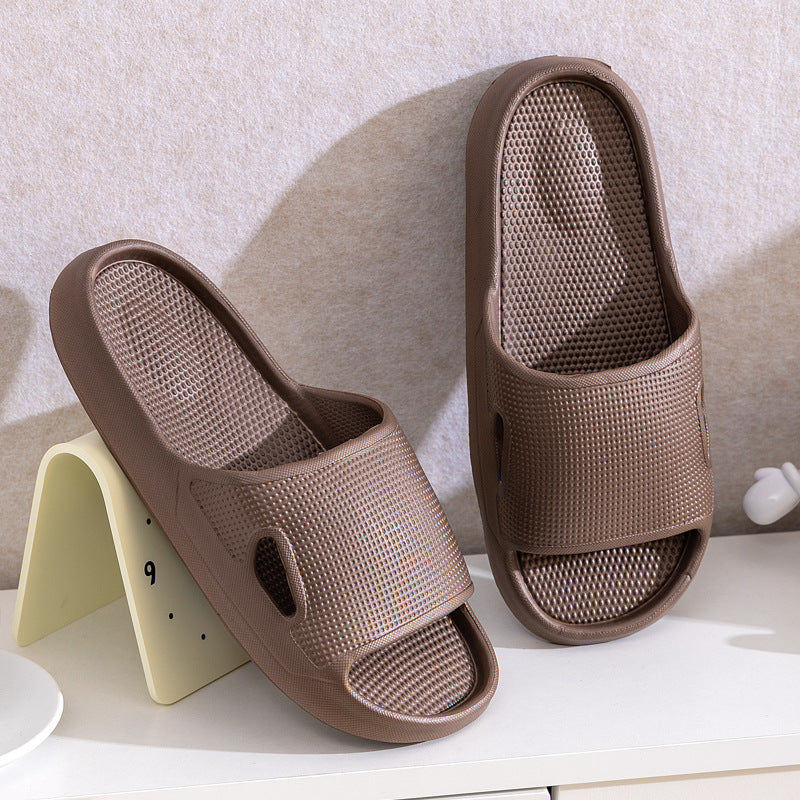 Brown thick-soled slide slippers with mesh upper and open toe, non-slip tread