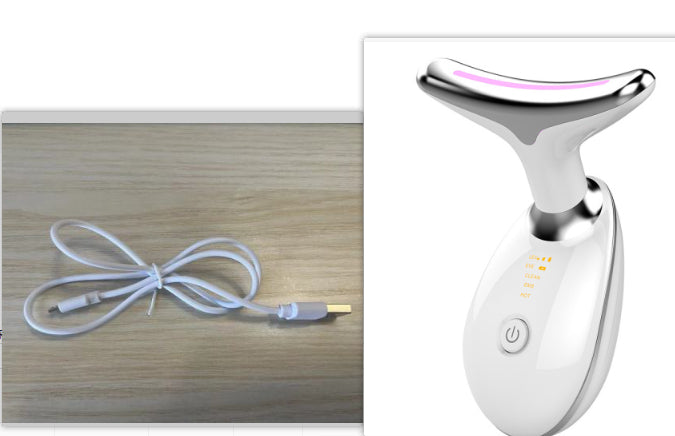 White EMS neck wrinkle massager with pink LED strip and charging cable set