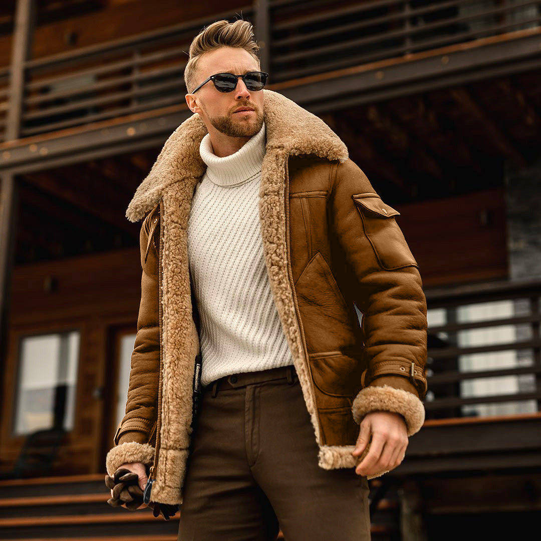 Men's winter jacket with sherpa lining, tan-brown coat, zip-front and fur-trim cuffs