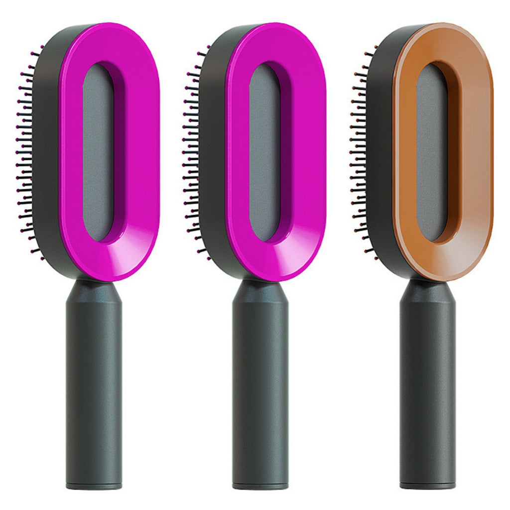 Self-cleaning hair brush set with oval purple, purple, and tan cleaning heads with dark handles
