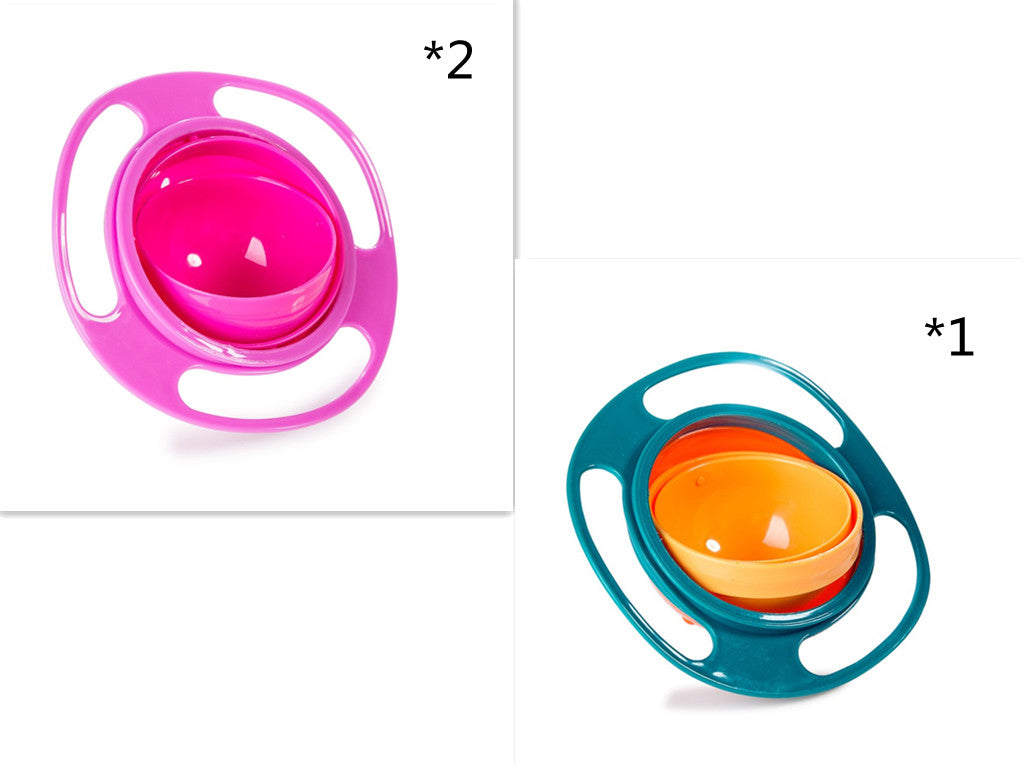 Set of spill-proof bowl dishes in pink and teal, each with an inner cup