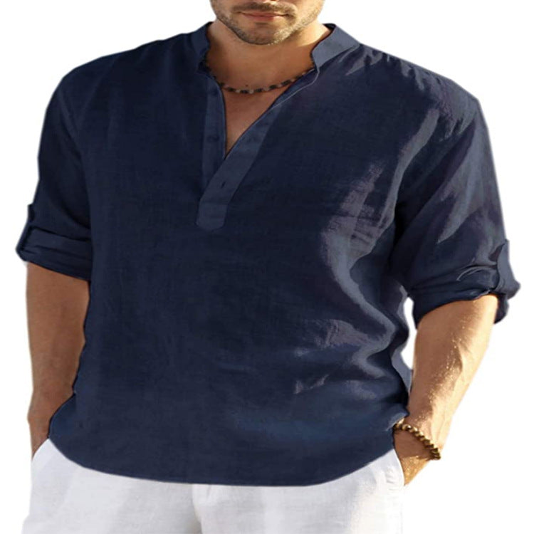 Men's cotton-linen short-sleeve shirt, navy blue, stand collar placket
