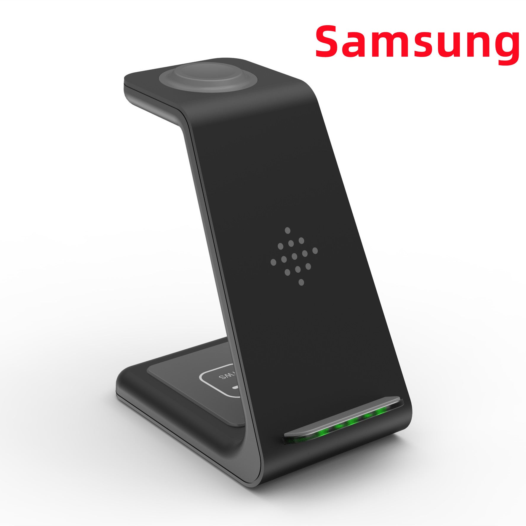 Wireless charging stand dock, black vertical phone cradle with glowing base lights