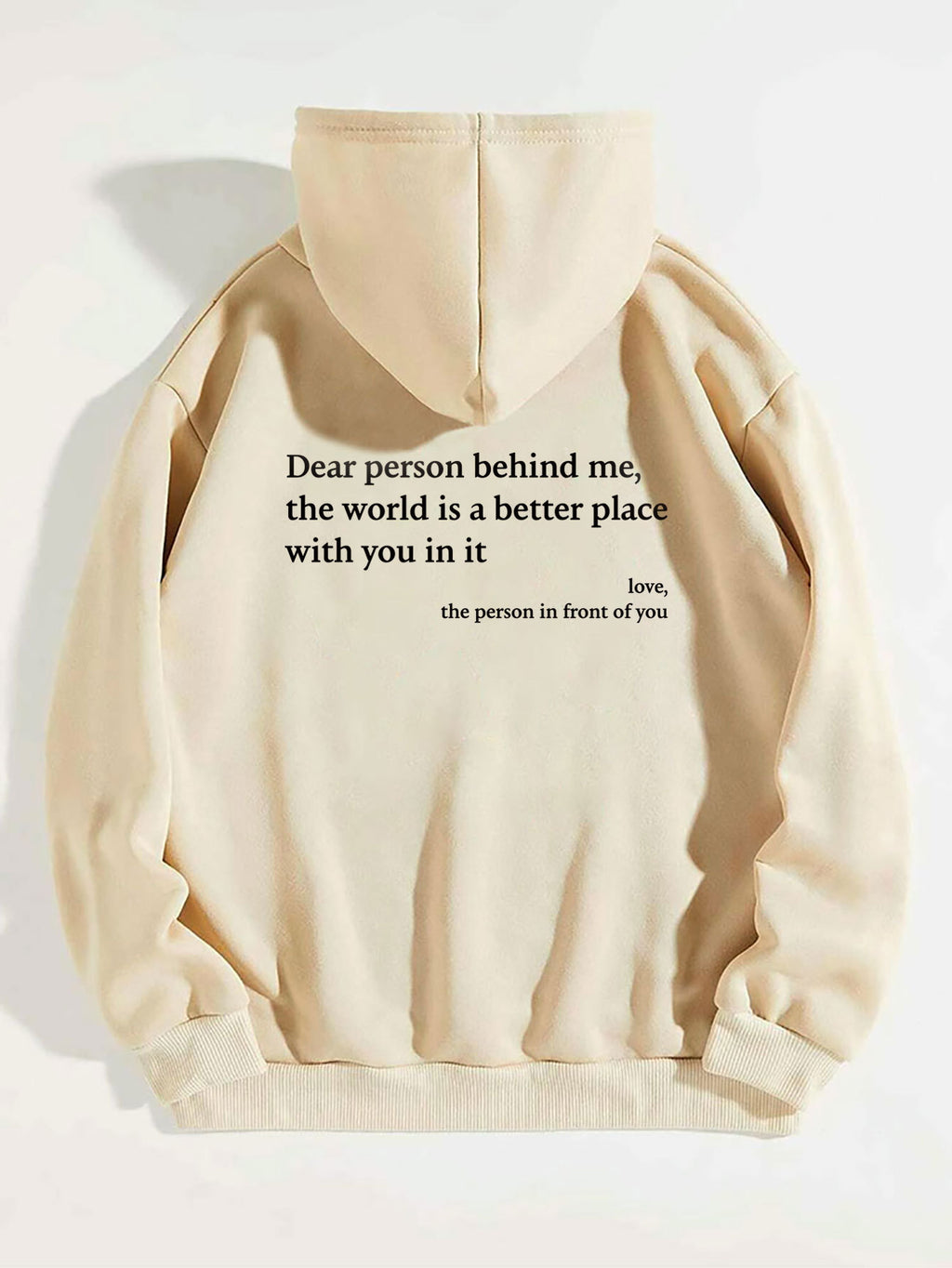 Beige plush letter-print kangaroo-pocket hoodie, back view with hood and kangaroo pocket