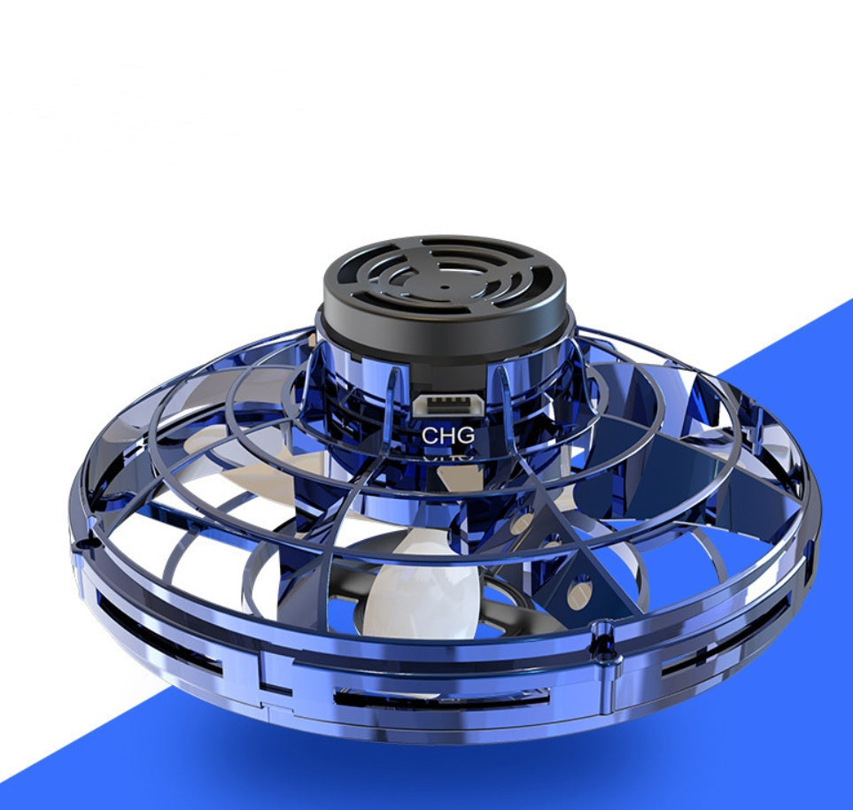 Blue UFO spinning toy drone with black top and CHG label