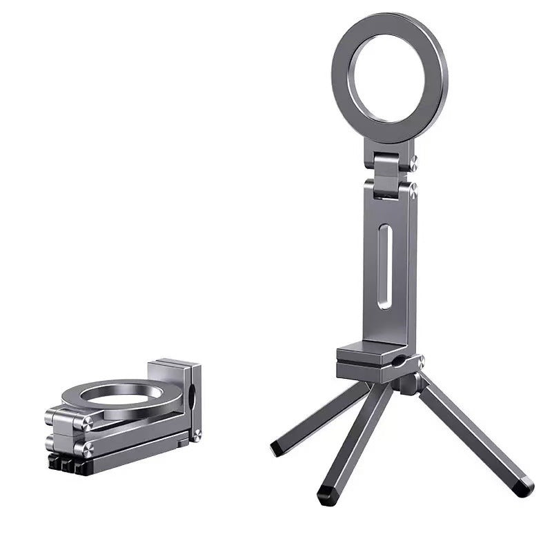 Gray magnetic phone holder stand with rotating ring clamp and tripod-style base