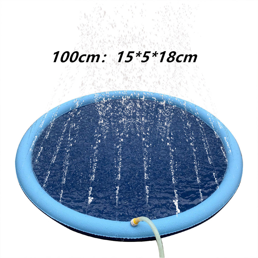 Blue round splash pad with water sprayers and attached garden hose connector
