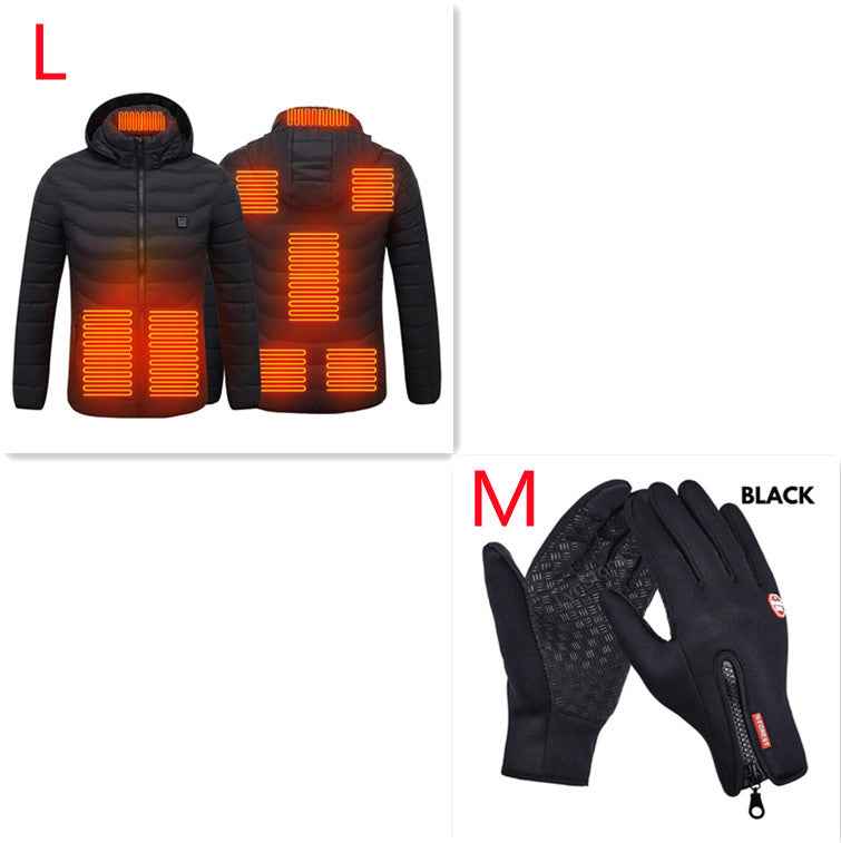 Men's black zip-up heated jacket with glowing heating zones on front and back