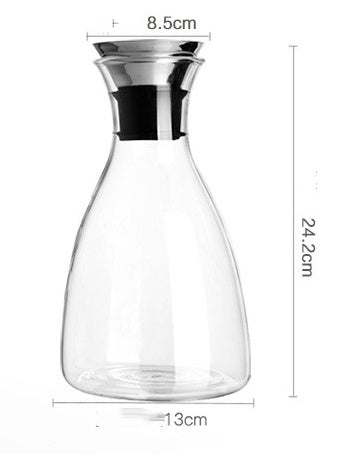 Clear glass water bottle with black neck collar, 24.2cm tall and 13cm wide