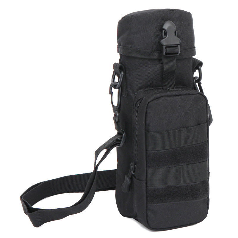 Water bottle cover shoulder bag, black, front webbed pocket, adjustable crossbody strap