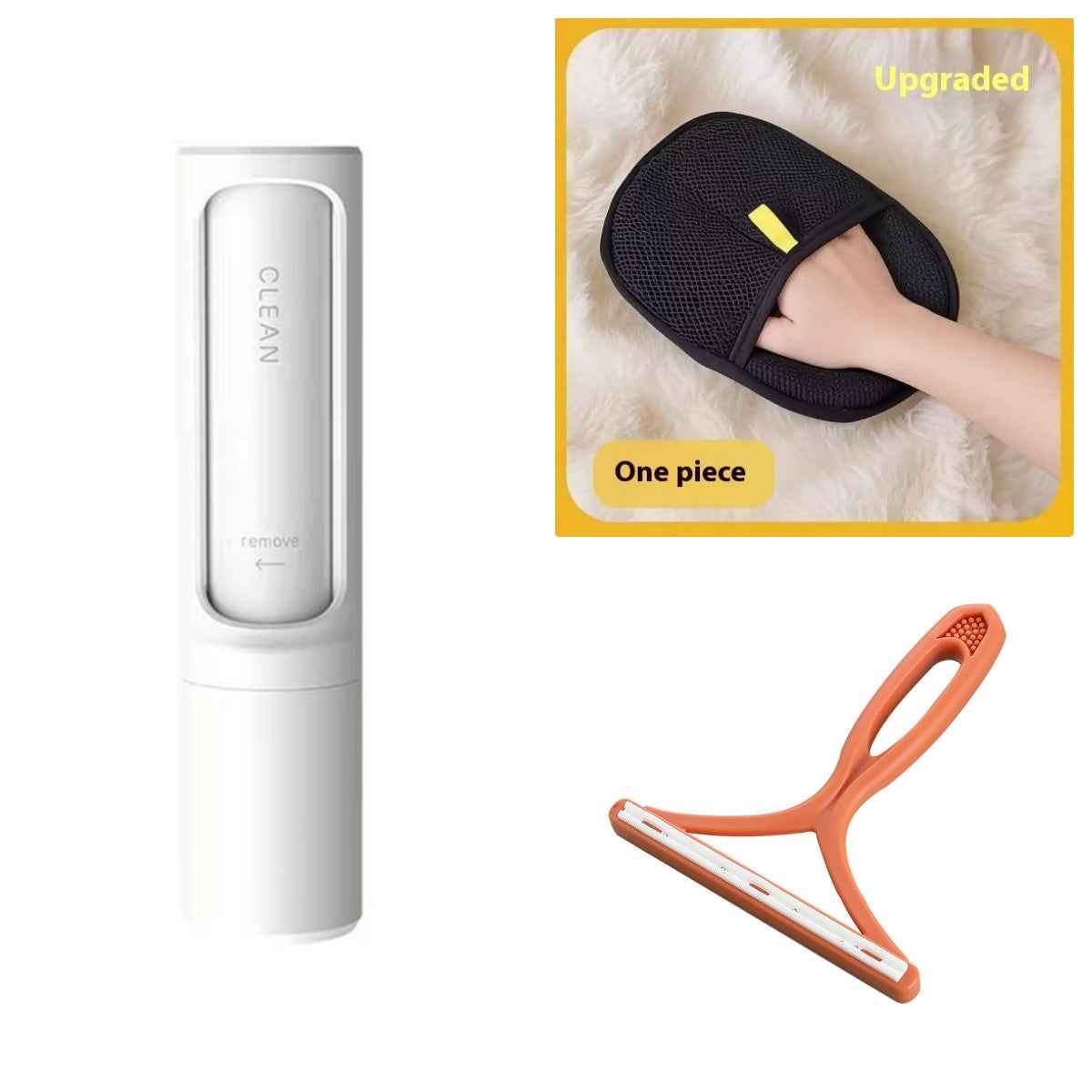 Pet hair remover lint roller with handheld brush, white housing and orange scraper