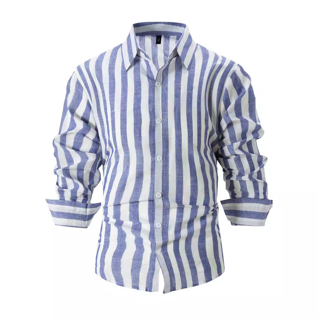Men's blue-and-white striped long-sleeve button-front shirt with collar