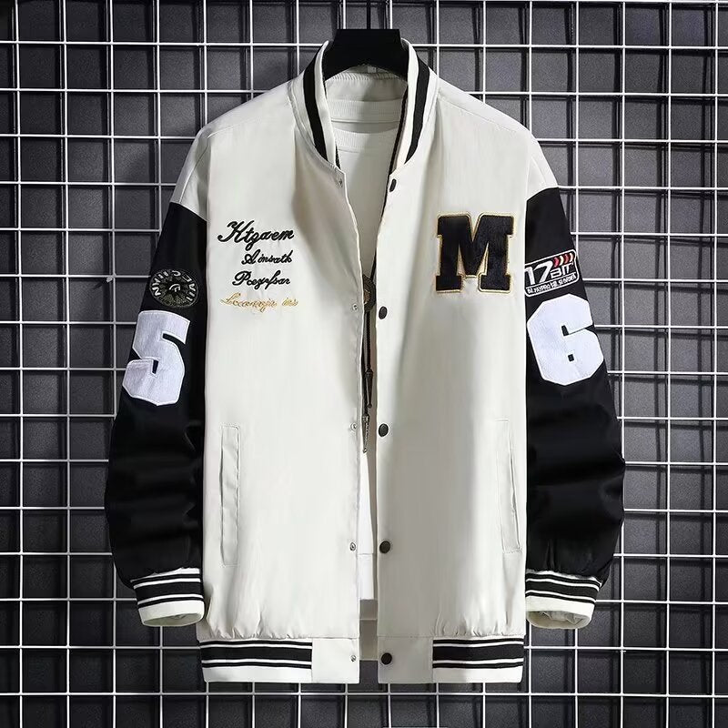Men's beige baseball jacket with button front, 'M' chest patch, and number sleeve patch