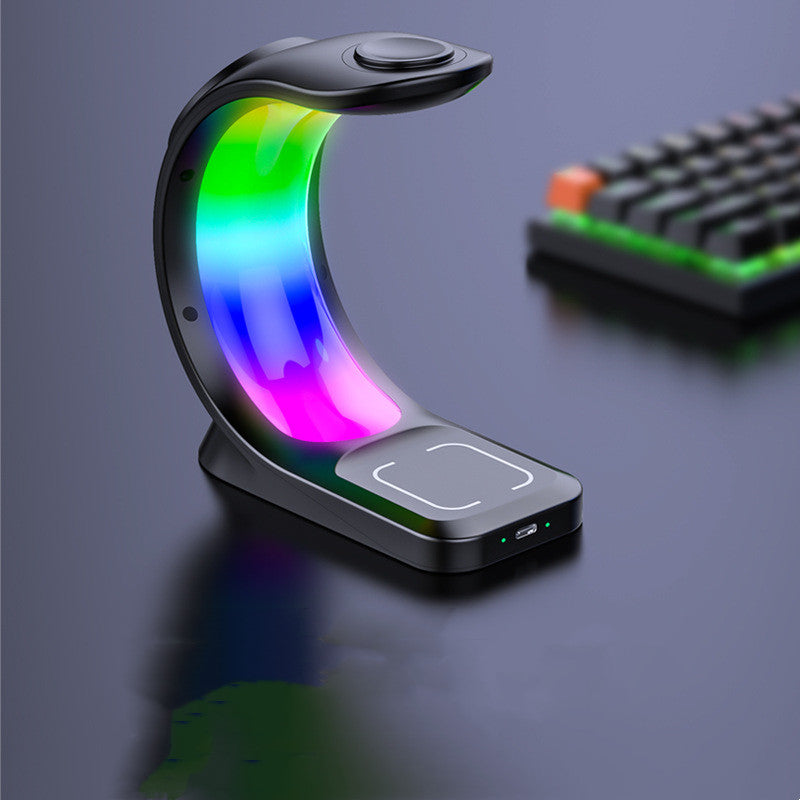 Magnetic wireless charger stand base with RGB arc light and button controls for charging