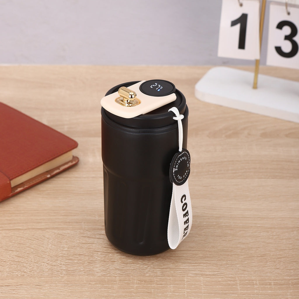 450ml insulated thermal bottle with black body, cream top, digital temperature display