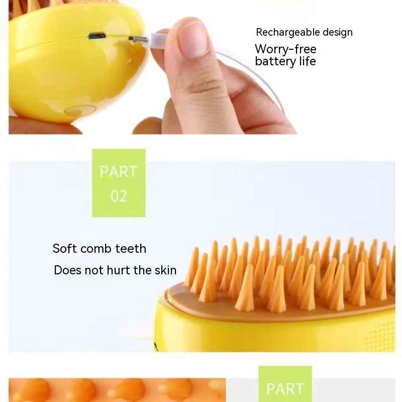 Rechargeable pet spray massage comb, yellow, with orange soft bristles close-up.