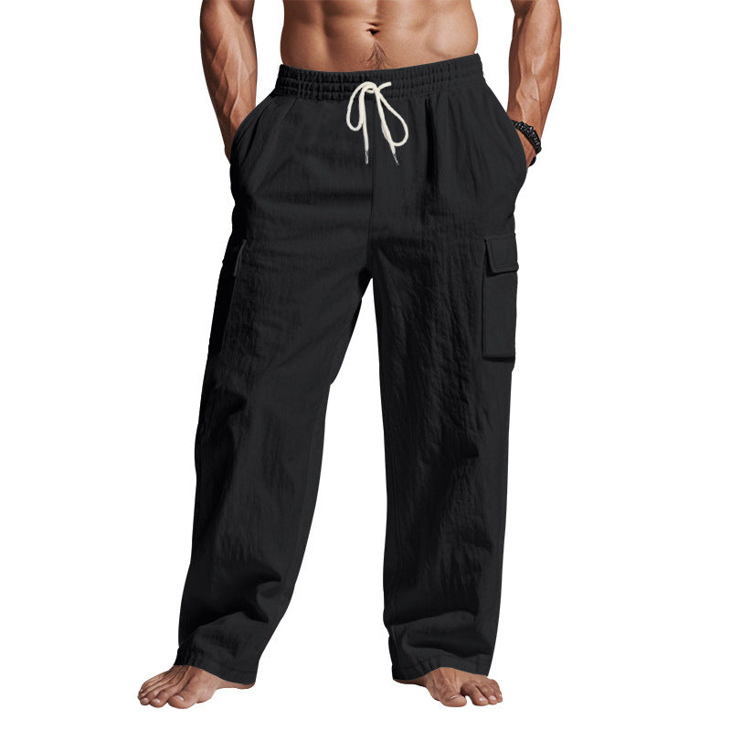 Black linen cargo pants with elastic drawstring waist and side leg pockets