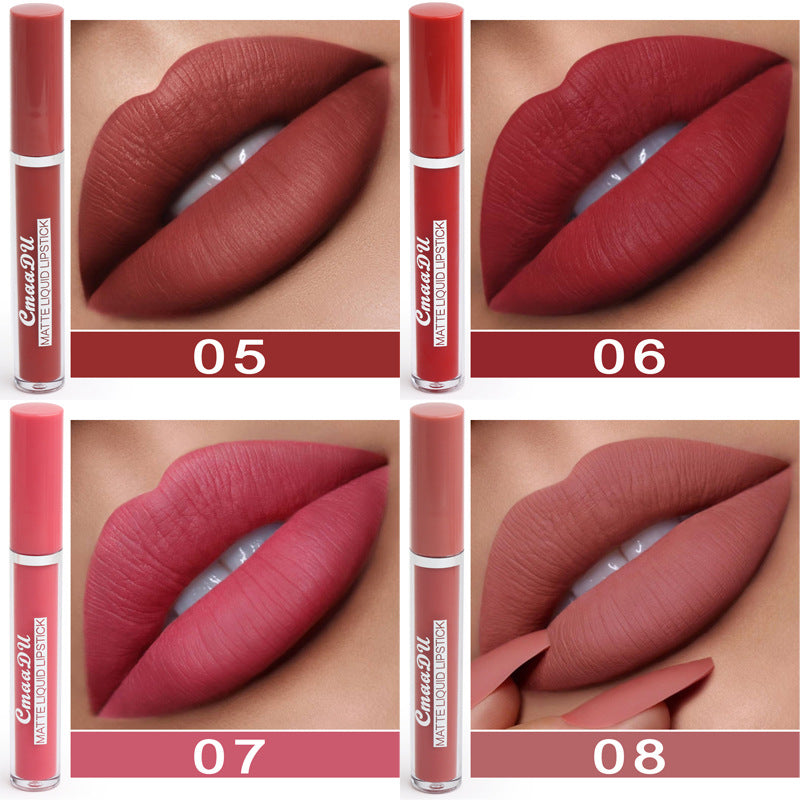 Matte waterproof lipstick swatches: shades 05, 06, 07, 08 on lips