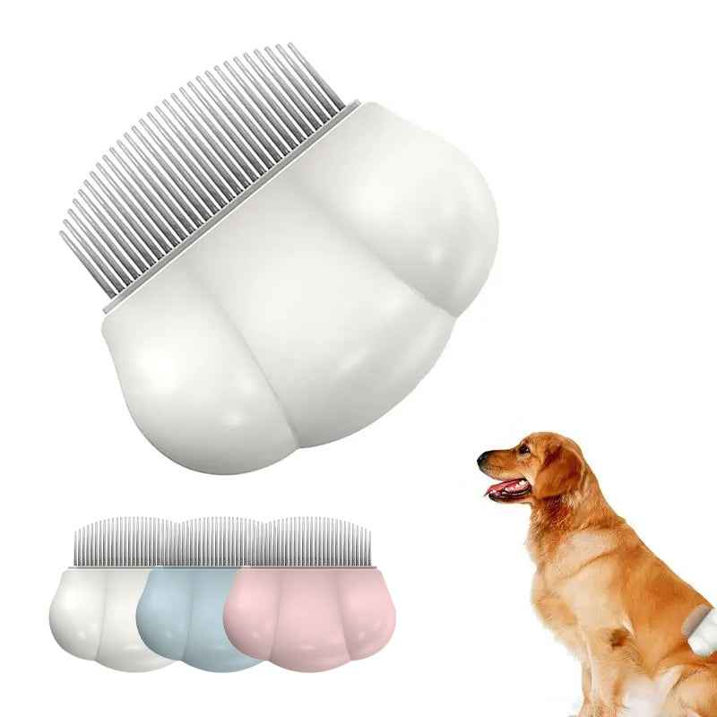Pet grooming comb with short metal teeth, light cream shell handle