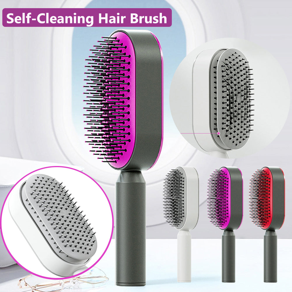 Self-cleaning hair brush with purple bristles and dark oval pad, plus white cleaning base