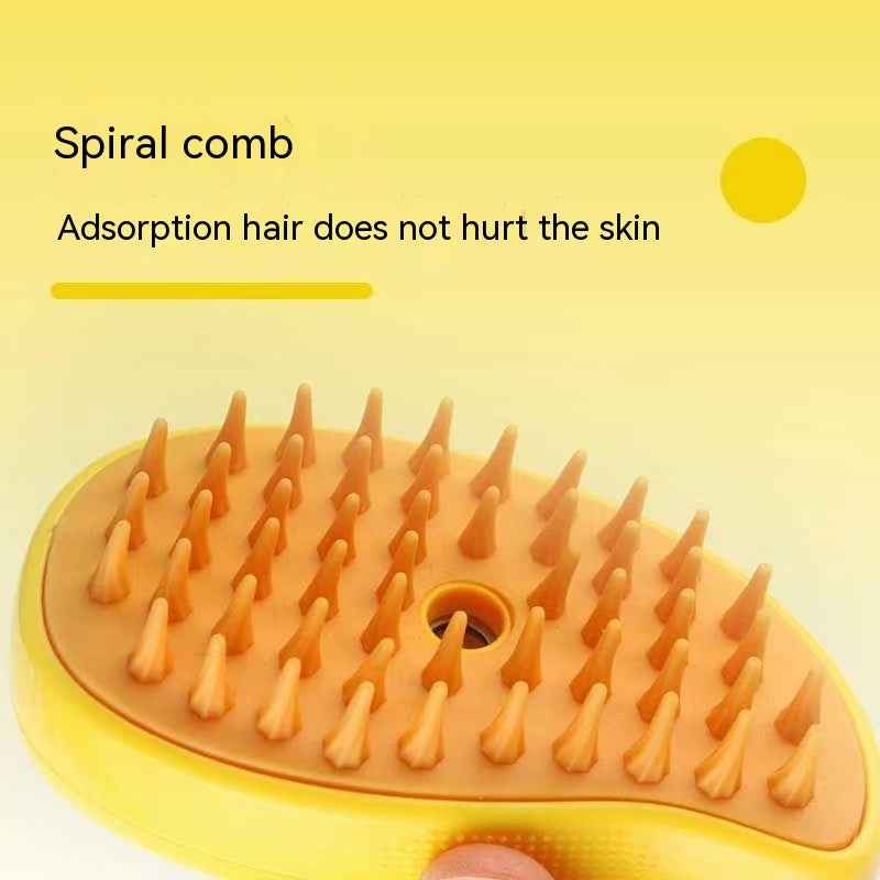 Yellow spiral pet grooming comb with amber silicone bristles and rounded handle