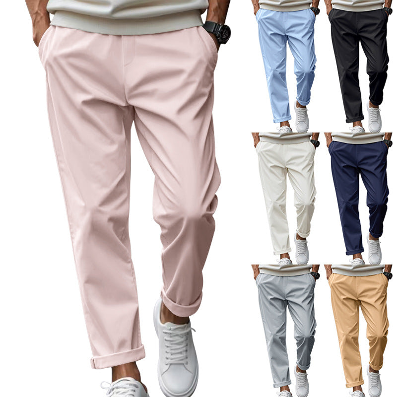 Men's casual trousers with pockets, drawstring waist, light pink