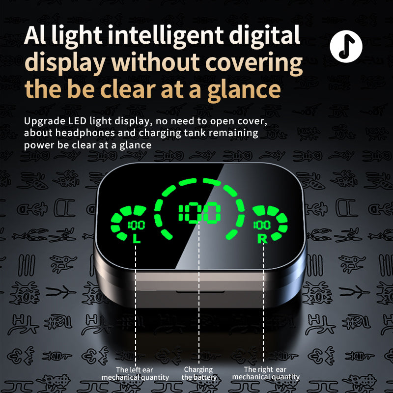Wireless charging case showing green digital display with left and right battery icons