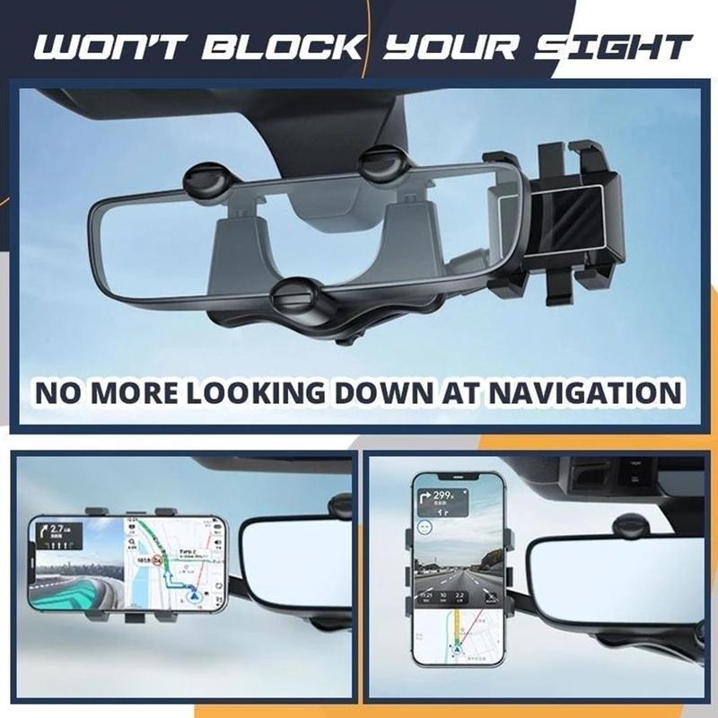 Black rearview mirror phone holder with wide U-frame clamp and phone mount