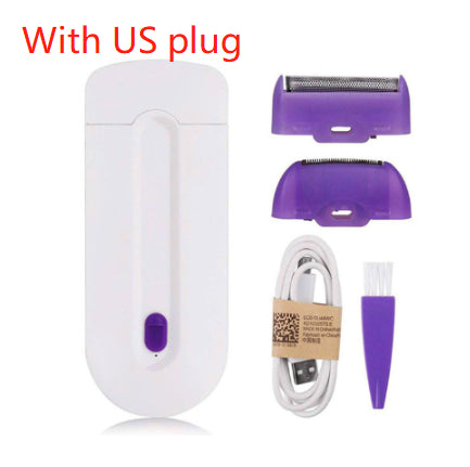Electric hair removal shaver with two purple heads, cord, and US plug