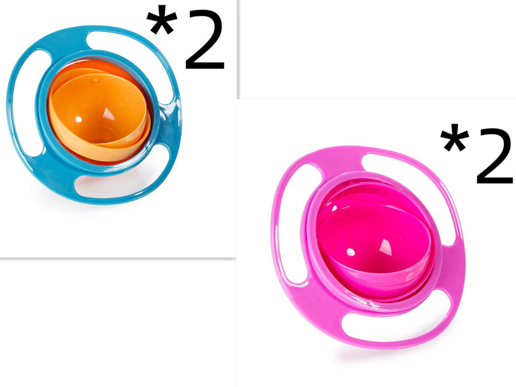 Rotating spill-proof bowl dish set: blue and pink outer rings with orange and magenta bowls