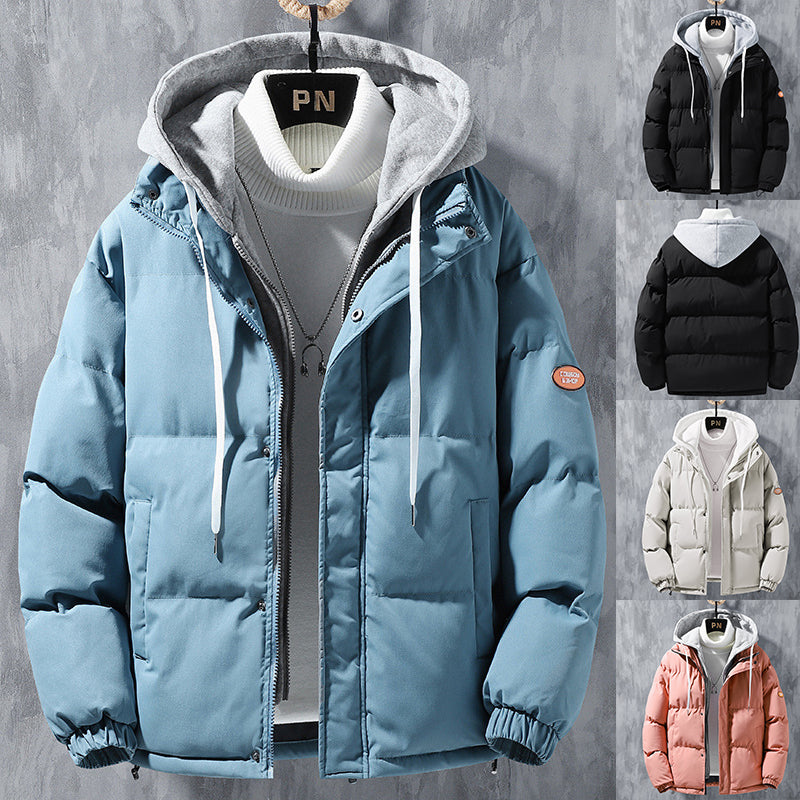 Men’s hooded puffer jacket in light blue with full-length front zipper and drawstring hood