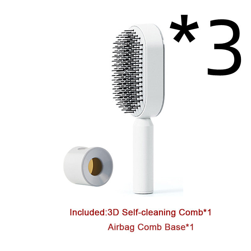 Self-cleaning airbag hair brush with white handle and black bristle head, with base