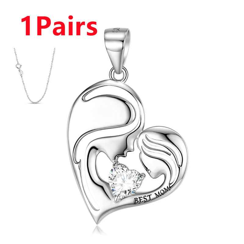 S925 sterling silver heart necklace pendant with clear gemstone and Best Mom engraving