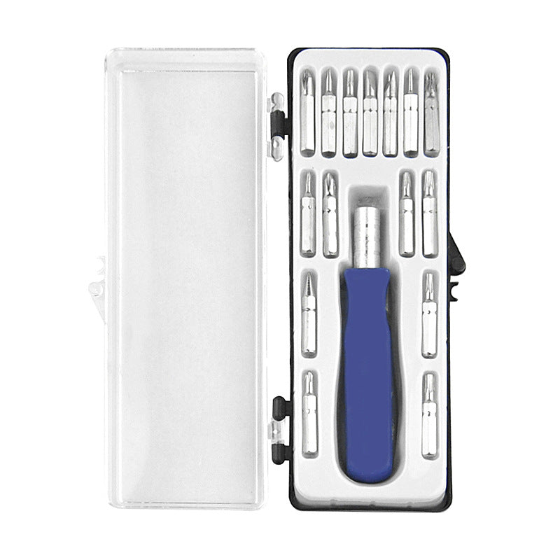 Manual screwdriver bit set in storage case with blue grip and metal bits