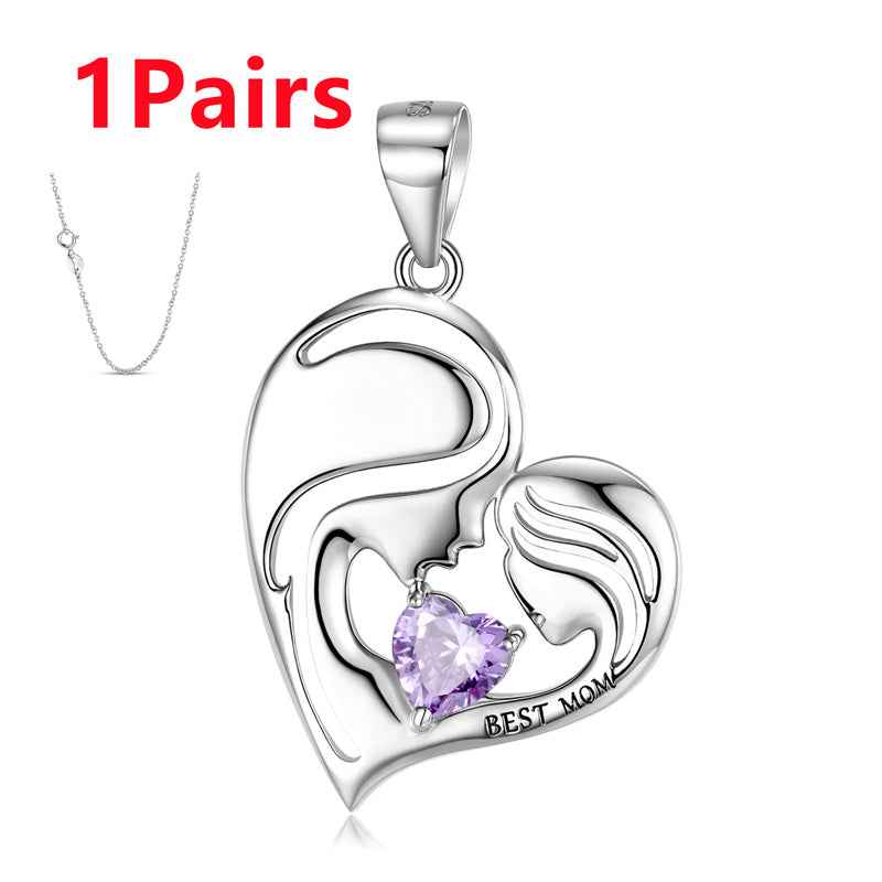 S925 sterling silver heart pendant with purple crystal and Best Mom engraving