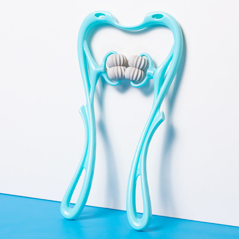 Teal neck massage roller tool with ribbed wheels and two curved handles