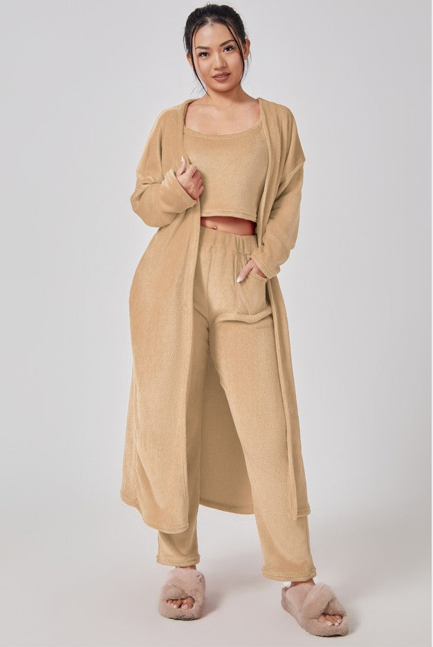Camel 3-piece pajama set with long cardigan, cropped top and matching pants