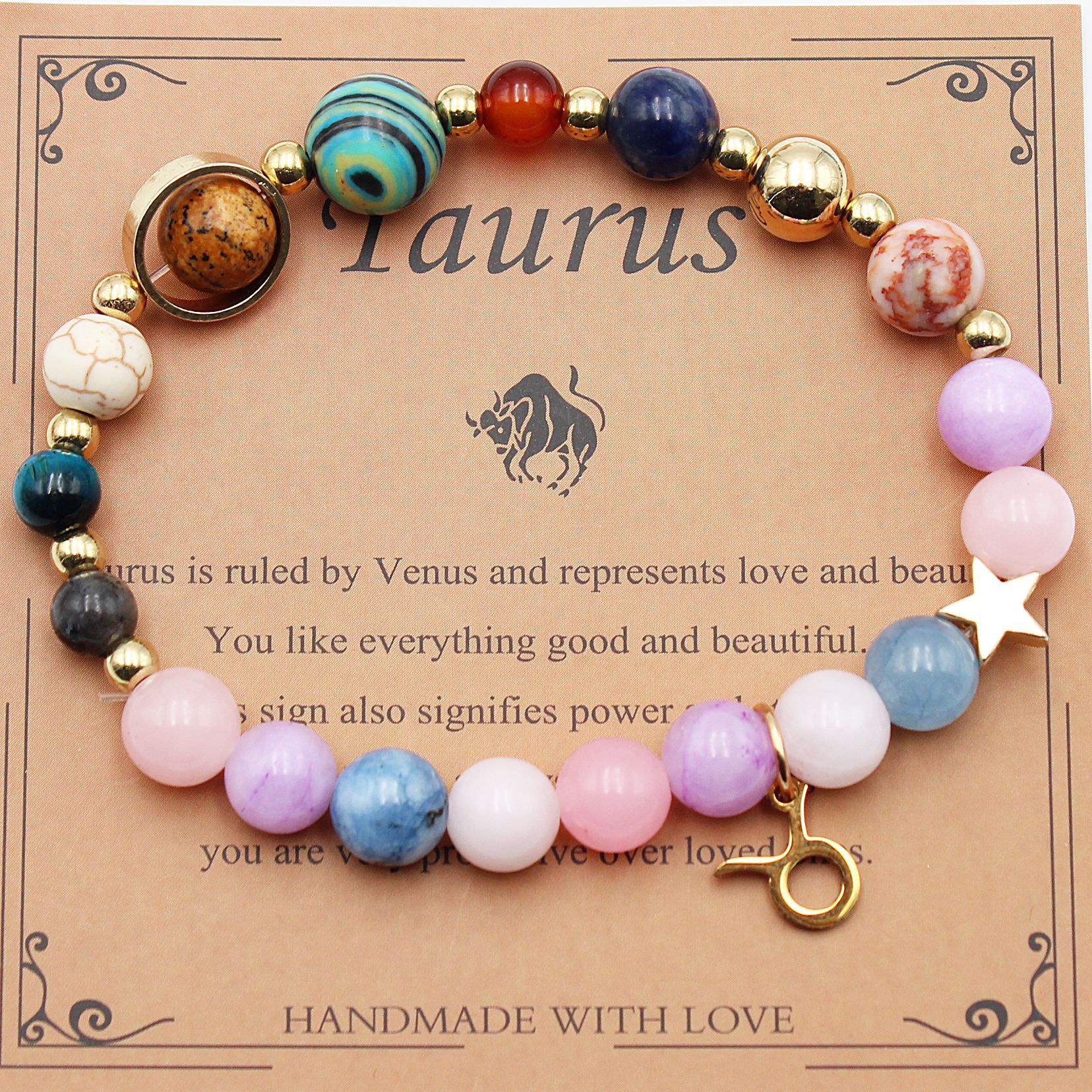 Taurus zodiac beaded bracelet with lilac, pink, and blue beads, gold clasp