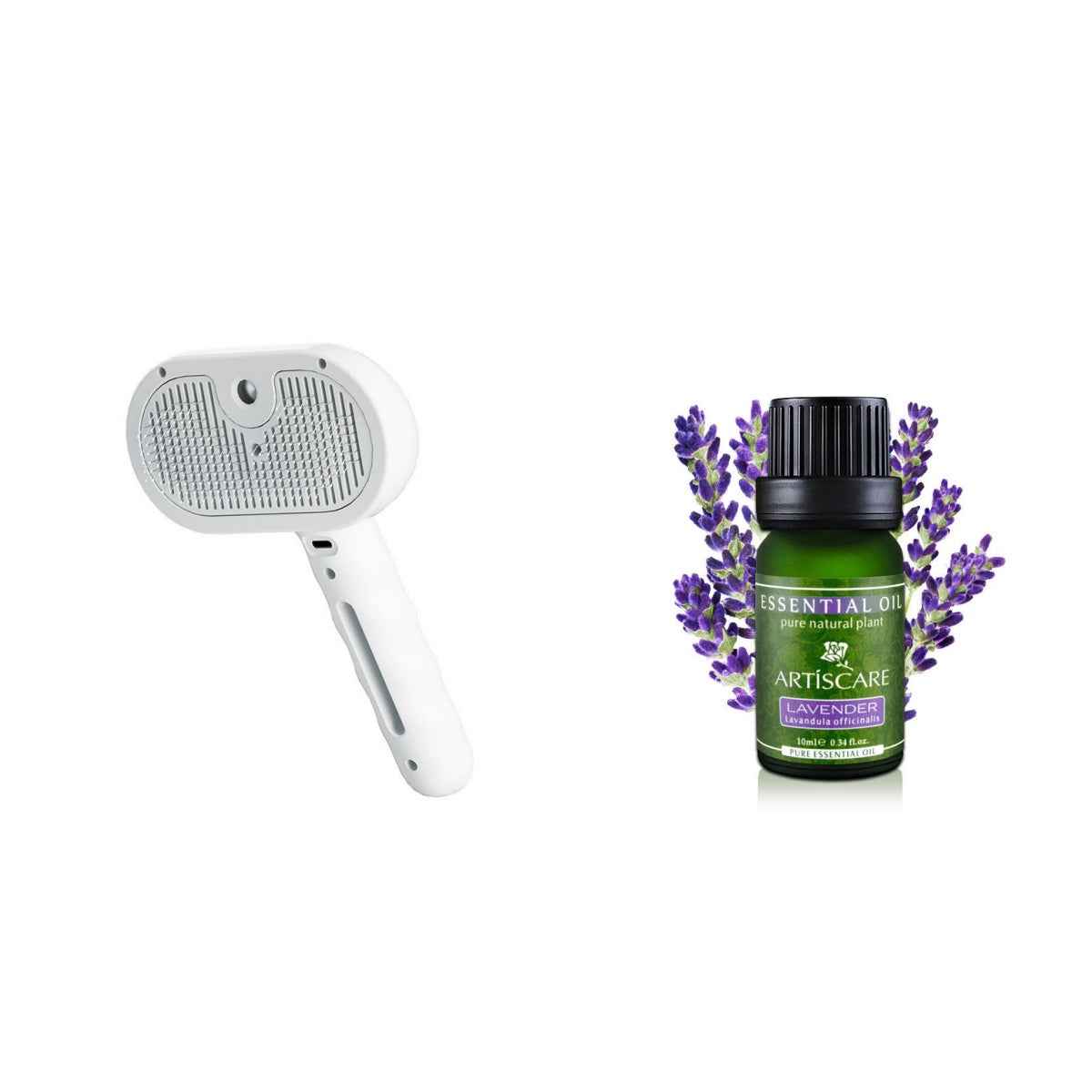 Pet grooming hair remover brush with lavender essential oil bottle