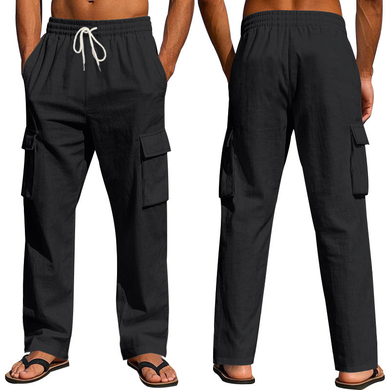 Black linen cargo pants with elastic drawstring waist and flap side pockets