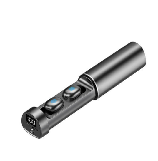 Black wireless earbud charging case showing earbuds and touch control buttons