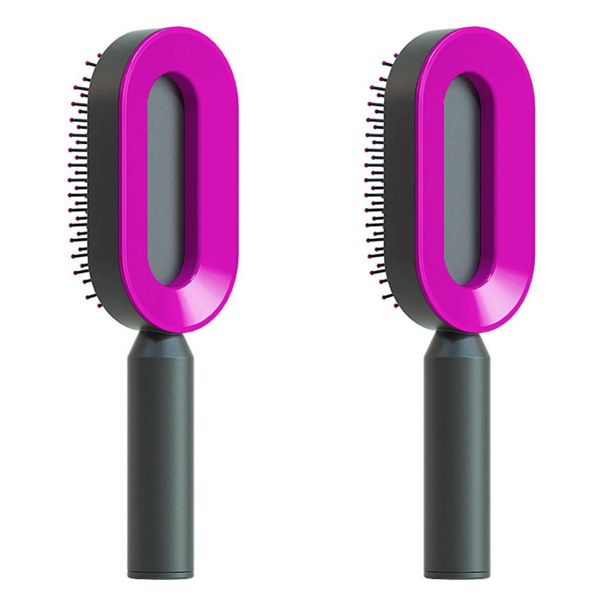 Set of self-cleaning hair brushes with dark handles and purple oval heads