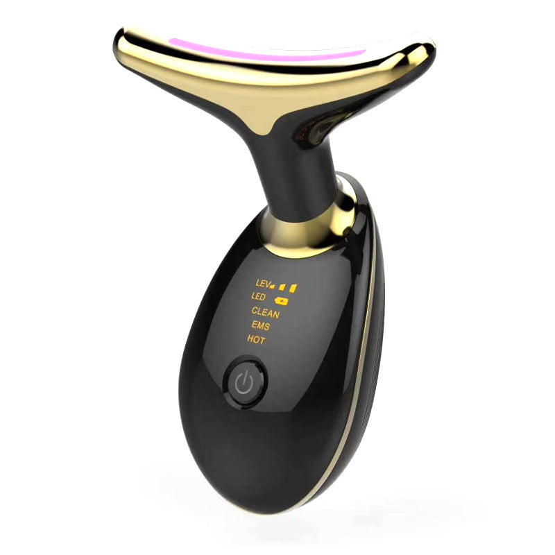 EMS neck wrinkle massager, black body with gold head trim and pink LED strip