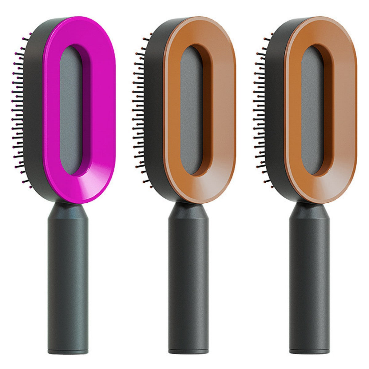 Self-cleaning hair brush set with oval purple and tan cleaning heads and dark handles
