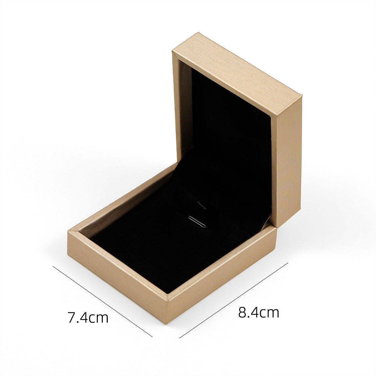 Beige jewelry gift box with black velvet insert and open lid