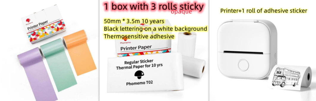 Mini label printer, printer paper box, and pastel colored adhesive label roll set